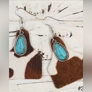 #33 | Cowhide Ear Tag Shaped Dangle Earrings with Turquoise Pendant
